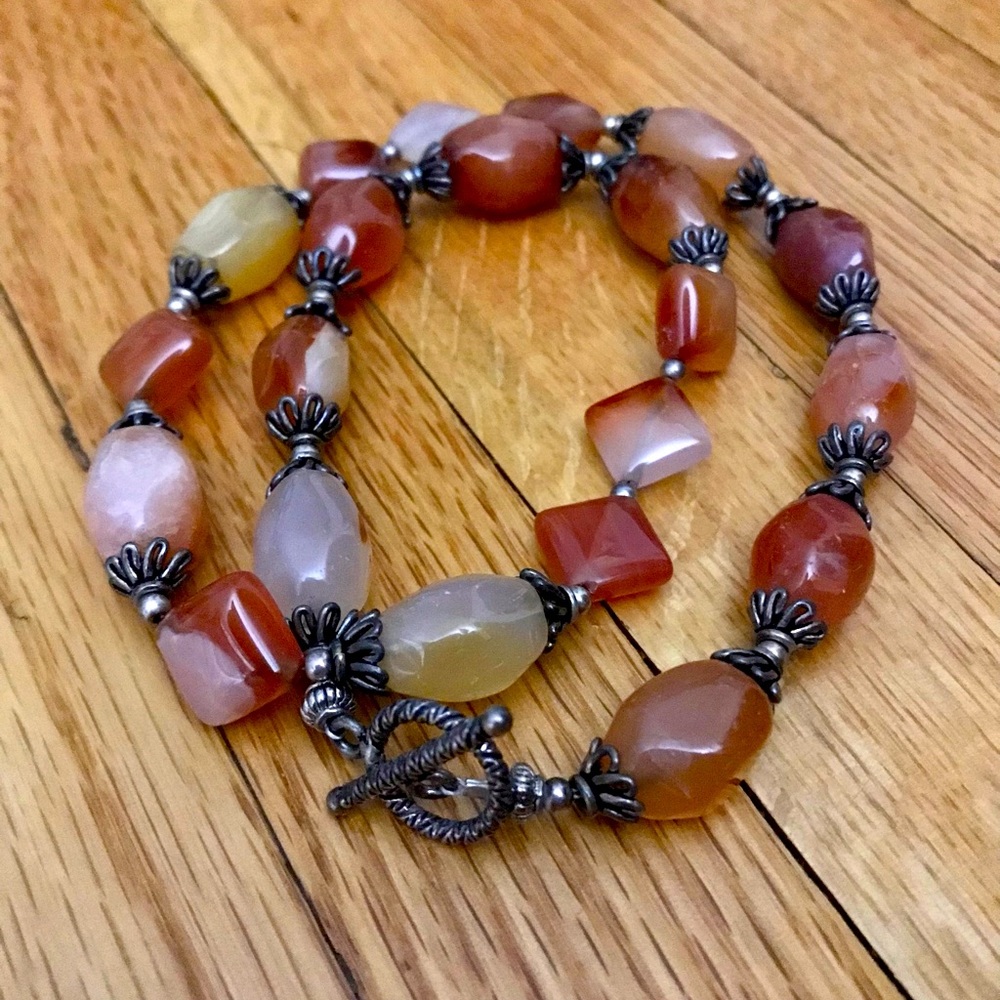 Vintage carnelian and silver beaded necklace- handmade